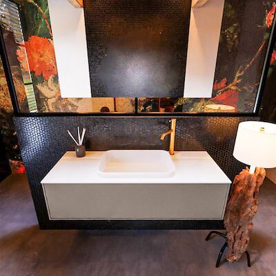 Badkamermeubelset Mondiaz Erin 120 cm met 1 Lade met RIDGE Wastafel Midden Talc met 1 kraangat Greeploos Mat Smoke