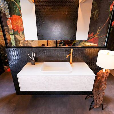 Badkamermeubelset Mondiaz Erin 120 cm met 1 Lade met RIDGE Wastafel Midden Talc met 1 kraangat Greeploos Mat Underlayment