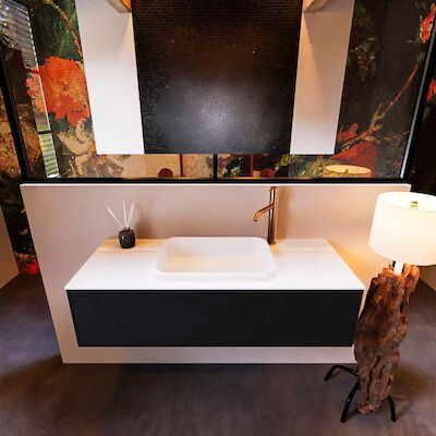 Badkamermeubelset Mondiaz Erin 120 cm met 1 Lade met RIDGE Wastafel Midden Talc met 1 kraangat Greeploos Mat Urban