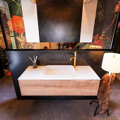 Badkamermeubelset Mondiaz Erin 120 cm met 1 Lade met RIDGE Wastafel Midden Talc met 1 kraangat Greeploos Mat Washed Oak