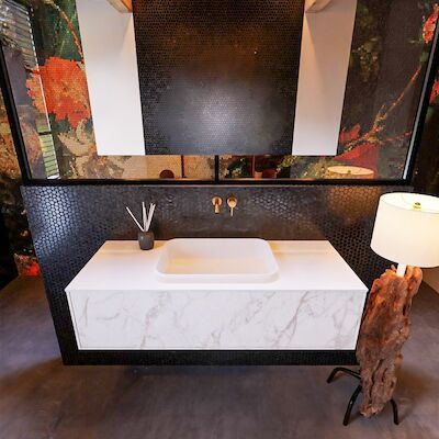 Badkamermeubelset Mondiaz Erin 120 cm met 1 Lade met RIDGE Wastafel Midden Talc Zonder Kraangaten Greeploos Mat Carrara