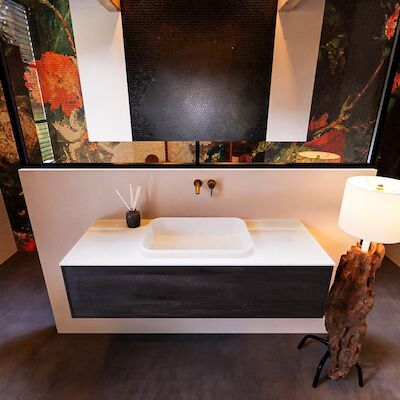 Badkamermeubelset Mondiaz Erin 120 cm met 1 Lade met RIDGE Wastafel Midden Talc Zonder Kraangaten Greeploos Mat Dark Brown