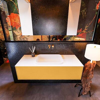 Badkamermeubelset Mondiaz Erin 120 cm met 1 Lade met RIDGE Wastafel Midden Talc Zonder Kraangaten Greeploos Mat Ocher
