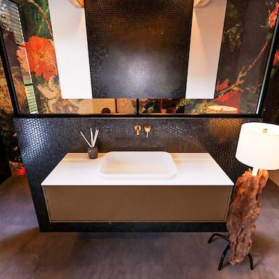 Badkamermeubelset Mondiaz Erin 120 cm met 1 Lade met RIDGE Wastafel Midden Talc Zonder Kraangaten Greeploos Mat Rust