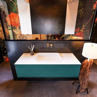 Badkamermeubelset Mondiaz Erin 120 cm met 1 Lade met RIDGE Wastafel Midden Talc Zonder Kraangaten Greeploos Mat Smag