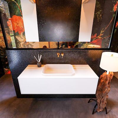 Badkamermeubelset Mondiaz Erin 120 cm met 1 Lade met RIDGE Wastafel Midden Talc Zonder Kraangaten Greeploos Mat Talc