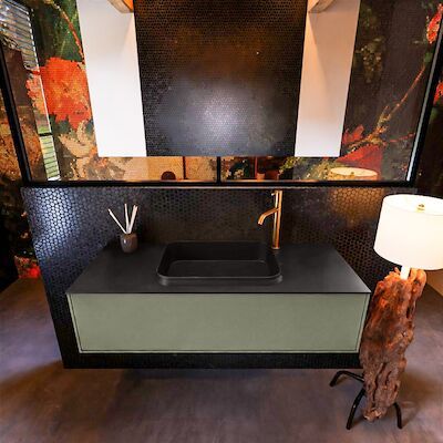 Badkamermeubelset Mondiaz Erin 120 cm met 1 Lade met RIDGE Wastafel Midden Urban met 1 kraangat Greeploos Mat Army