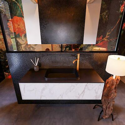 Badkamermeubelset Mondiaz Erin 120 cm met 1 Lade met RIDGE Wastafel Midden Urban met 1 kraangat Greeploos Mat Carrara