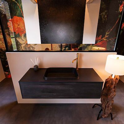 Badkamermeubelset Mondiaz Erin 120 cm met 1 Lade met RIDGE Wastafel Midden Urban met 1 kraangat Greeploos Mat Dark Brown