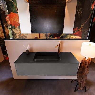 Badkamermeubelset Mondiaz Erin 120 cm met 1 Lade met RIDGE Wastafel Midden Urban met 1 kraangat Greeploos Mat Dark Grey