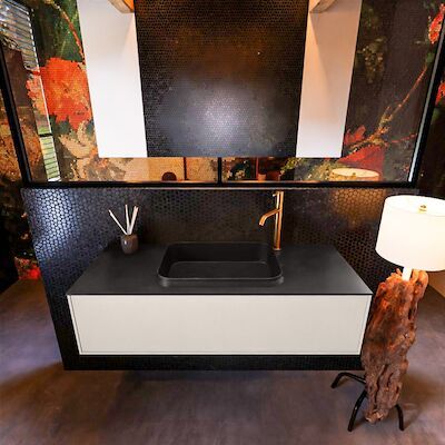 Badkamermeubelset Mondiaz Erin 120 cm met 1 Lade met RIDGE Wastafel Midden Urban met 1 kraangat Greeploos Mat Linen