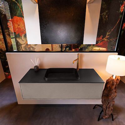 Badkamermeubelset Mondiaz Erin 120 cm met 1 Lade met RIDGE Wastafel Midden Urban met 1 kraangat Greeploos Mat Smoke