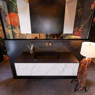 Badkamermeubelset Mondiaz Erin 120 cm met 1 Lade met RIDGE Wastafel Midden Urban Zonder Kraangaten Greeploos Mat Carrara