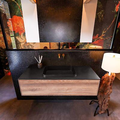 Badkamermeubelset Mondiaz Erin 120 cm met 1 Lade met RIDGE Wastafel Midden Urban Zonder Kraangaten Greeploos Mat Dark Brown Grey