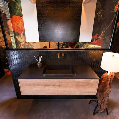Badkamermeubelset Mondiaz Erin 120 cm met 1 Lade met RIDGE Wastafel Midden Urban Zonder Kraangaten Greeploos Mat Washed Oak