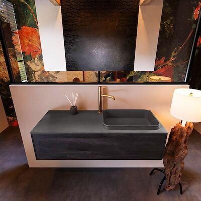 Badkamermeubelset Mondiaz Erin 120 cm met 1 Lade met RIDGE Wastafel Rechts Dark grey met 1 kraangat Greeploos Mat Antracite