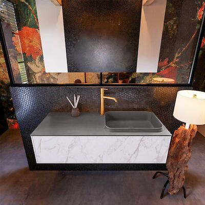 Badkamermeubelset Mondiaz Erin 120 cm met 1 Lade met RIDGE Wastafel Rechts Dark grey met 1 kraangat Greeploos Mat Carrara
