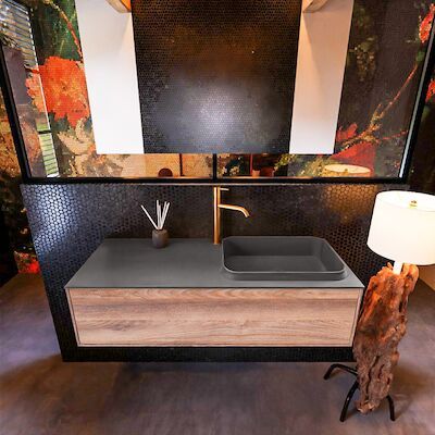 Badkamermeubelset Mondiaz Erin 120 cm met 1 Lade met RIDGE Wastafel Rechts Dark grey met 1 kraangat Greeploos Mat Dark Brown Grey