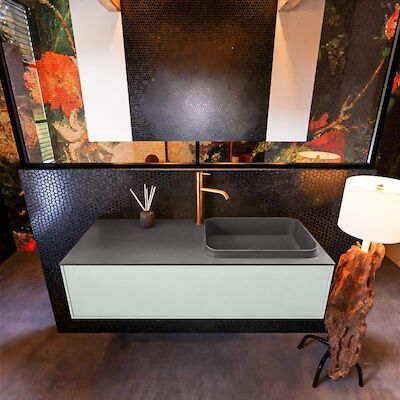 Badkamermeubelset Mondiaz Erin 120 cm met 1 Lade met RIDGE Wastafel Rechts Dark grey met 1 kraangat Greeploos Mat Greey