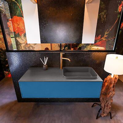 Badkamermeubelset Mondiaz Erin 120 cm met 1 Lade met RIDGE Wastafel Rechts Dark grey met 1 kraangat Greeploos Mat Jeans