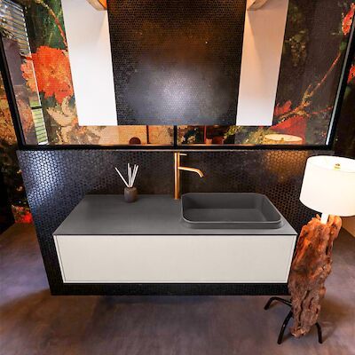 Badkamermeubelset Mondiaz Erin 120 cm met 1 Lade met RIDGE Wastafel Rechts Dark grey met 1 kraangat Greeploos Mat Linen