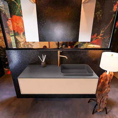 Badkamermeubelset Mondiaz Erin 120 cm met 1 Lade met RIDGE Wastafel Rechts Dark grey met 1 kraangat Greeploos Mat Rosee