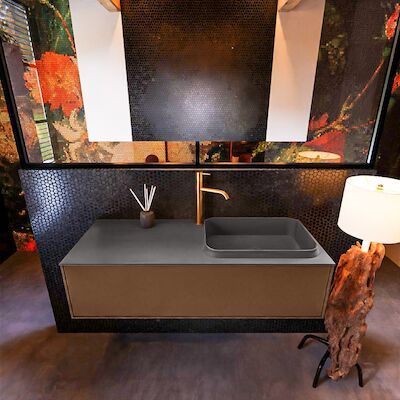 Badkamermeubelset Mondiaz Erin 120 cm met 1 Lade met RIDGE Wastafel Rechts Dark grey met 1 kraangat Greeploos Mat Rust