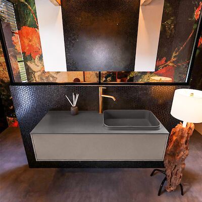 Badkamermeubelset Mondiaz Erin 120 cm met 1 Lade met RIDGE Wastafel Rechts Dark grey met 1 kraangat Greeploos Mat Smoke