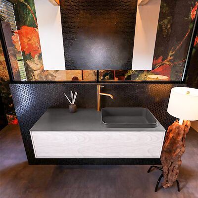 Badkamermeubelset Mondiaz Erin 120 cm met 1 Lade met RIDGE Wastafel Rechts Dark grey met 1 kraangat Greeploos Mat Underlayment