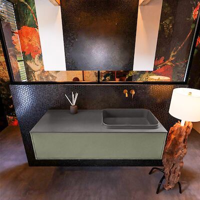 Badkamermeubelset Mondiaz Erin 120 cm met 1 Lade met RIDGE Wastafel Rechts Dark grey Zonder Kraangaten Greeploos Mat Army