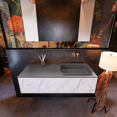 Badkamermeubelset Mondiaz Erin 120 cm met 1 Lade met RIDGE Wastafel Rechts Dark grey Zonder Kraangaten Greeploos Mat Carrara