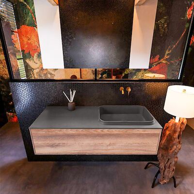 Badkamermeubelset Mondiaz Erin 120 cm met 1 Lade met RIDGE Wastafel Rechts Dark grey Zonder Kraangaten Greeploos Mat Dark Brown Grey