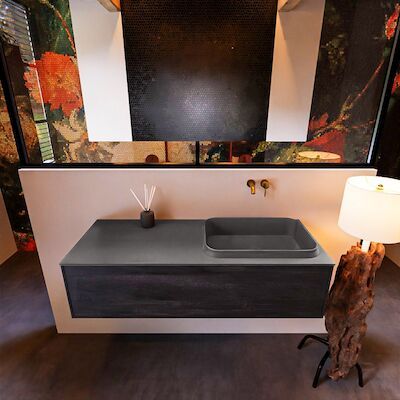 Badkamermeubelset Mondiaz Erin 120 cm met 1 Lade met RIDGE Wastafel Rechts Dark grey Zonder Kraangaten Greeploos Mat Dark Brown