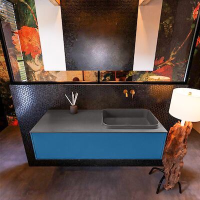Badkamermeubelset Mondiaz Erin 120 cm met 1 Lade met RIDGE Wastafel Rechts Dark grey Zonder Kraangaten Greeploos Mat Jeans