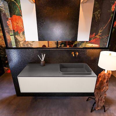 Badkamermeubelset Mondiaz Erin 120 cm met 1 Lade met RIDGE Wastafel Rechts Dark grey Zonder Kraangaten Greeploos Mat Linen