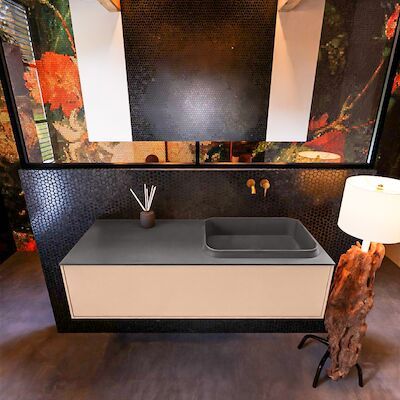 Badkamermeubelset Mondiaz Erin 120 cm met 1 Lade met RIDGE Wastafel Rechts Dark grey Zonder Kraangaten Greeploos Mat Rosee