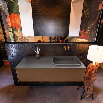 Badkamermeubelset Mondiaz Erin 120 cm met 1 Lade met RIDGE Wastafel Rechts Dark grey Zonder Kraangaten Greeploos Mat Rust