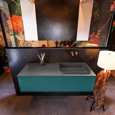 Badkamermeubelset Mondiaz Erin 120 cm met 1 Lade met RIDGE Wastafel Rechts Dark grey Zonder Kraangaten Greeploos Mat Smag