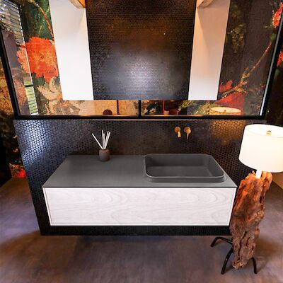 Badkamermeubelset Mondiaz Erin 120 cm met 1 Lade met RIDGE Wastafel Rechts Dark grey Zonder Kraangaten Greeploos Mat Underlayment