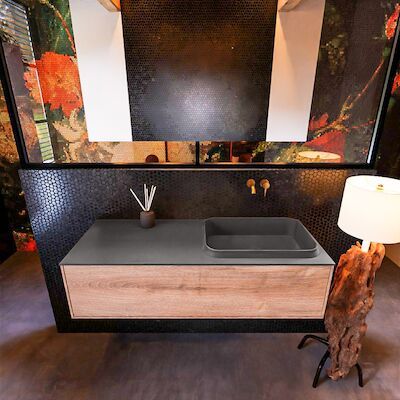 Badkamermeubelset Mondiaz Erin 120 cm met 1 Lade met RIDGE Wastafel Rechts Dark grey Zonder Kraangaten Greeploos Mat Washed Oak