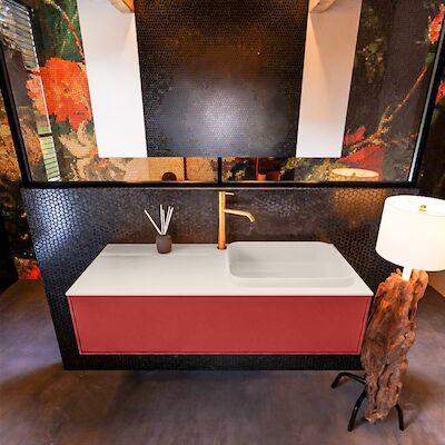 Badkamermeubelset Mondiaz Erin 120 cm met 1 Lade met RIDGE Wastafel Rechts Linen met 1 kraangat Greeploos Mat Fire