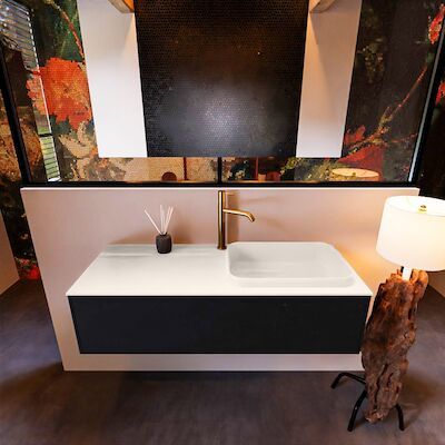 Badkamermeubelset Mondiaz Erin 120 cm met 1 Lade met RIDGE Wastafel Rechts Linen met 1 kraangat Greeploos Mat Urban