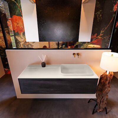 Badkamermeubelset Mondiaz Erin 120 cm met 1 Lade met RIDGE Wastafel Rechts Linen Zonder Kraangaten Greeploos Mat Antracite