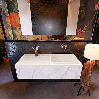 Badkamermeubelset Mondiaz Erin 120 cm met 1 Lade met RIDGE Wastafel Rechts Linen Zonder Kraangaten Greeploos Mat Carrara