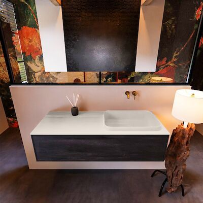 Badkamermeubelset Mondiaz Erin 120 cm met 1 Lade met RIDGE Wastafel Rechts Linen Zonder Kraangaten Greeploos Mat Dark Brown