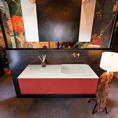 Badkamermeubelset Mondiaz Erin 120 cm met 1 Lade met RIDGE Wastafel Rechts Linen Zonder Kraangaten Greeploos Mat Fire