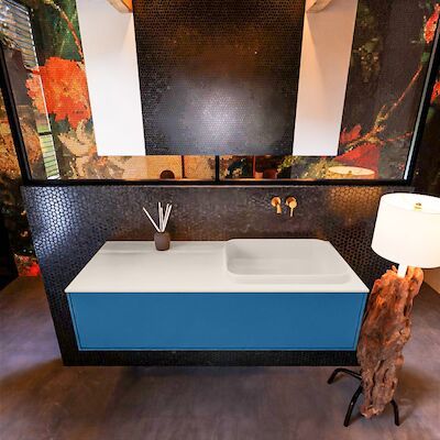 Badkamermeubelset Mondiaz Erin 120 cm met 1 Lade met RIDGE Wastafel Rechts Linen Zonder Kraangaten Greeploos Mat Jeans
