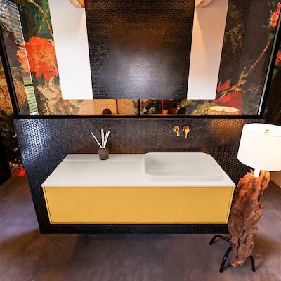 Badkamermeubelset Mondiaz Erin 120 cm met 1 Lade met RIDGE Wastafel Rechts Linen Zonder Kraangaten Greeploos Mat Ocher