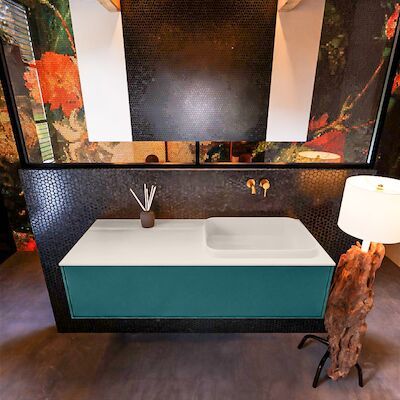 Badkamermeubelset Mondiaz Erin 120 cm met 1 Lade met RIDGE Wastafel Rechts Linen Zonder Kraangaten Greeploos Mat Smag