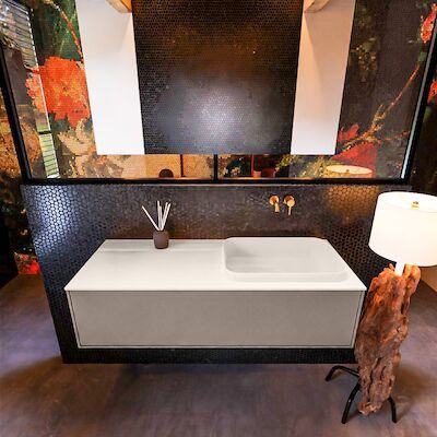 Badkamermeubelset Mondiaz Erin 120 cm met 1 Lade met RIDGE Wastafel Rechts Linen Zonder Kraangaten Greeploos Mat Smoke